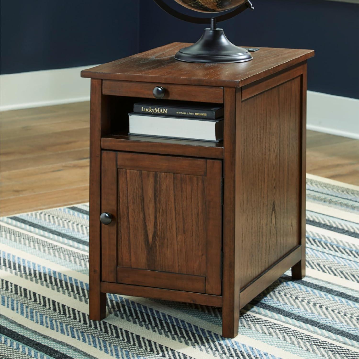 imageSignature Design by Ashley Treytown Casual Compact Chairside End Table with a Storage Cabinet Open Cubby Shelf PullOut Tray ampamp USB Charging Ports BrownBrown