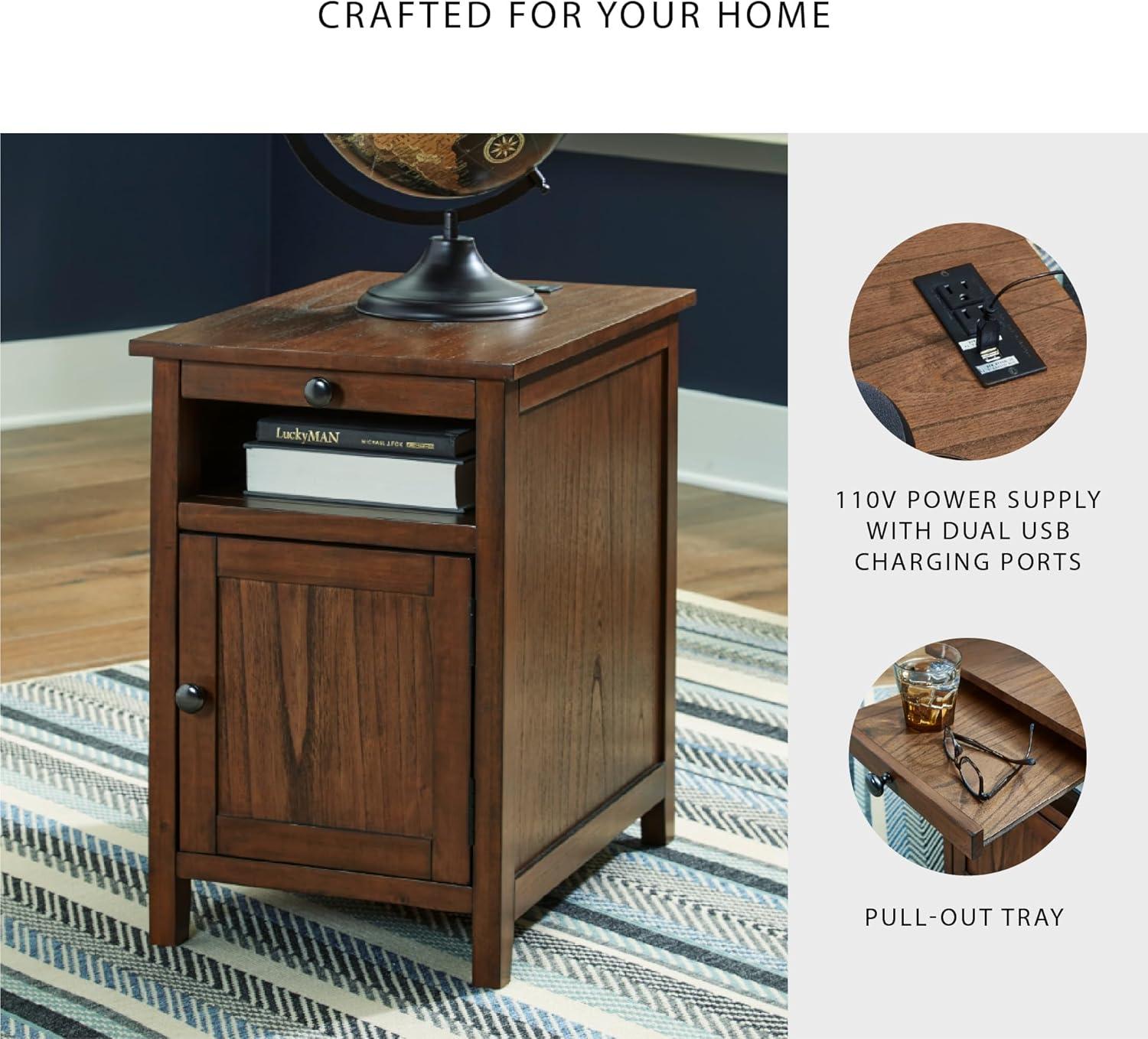 imageSignature Design by Ashley Treytown Casual Compact Chairside End Table with a Storage Cabinet Open Cubby Shelf PullOut Tray ampamp USB Charging Ports BrownBrown