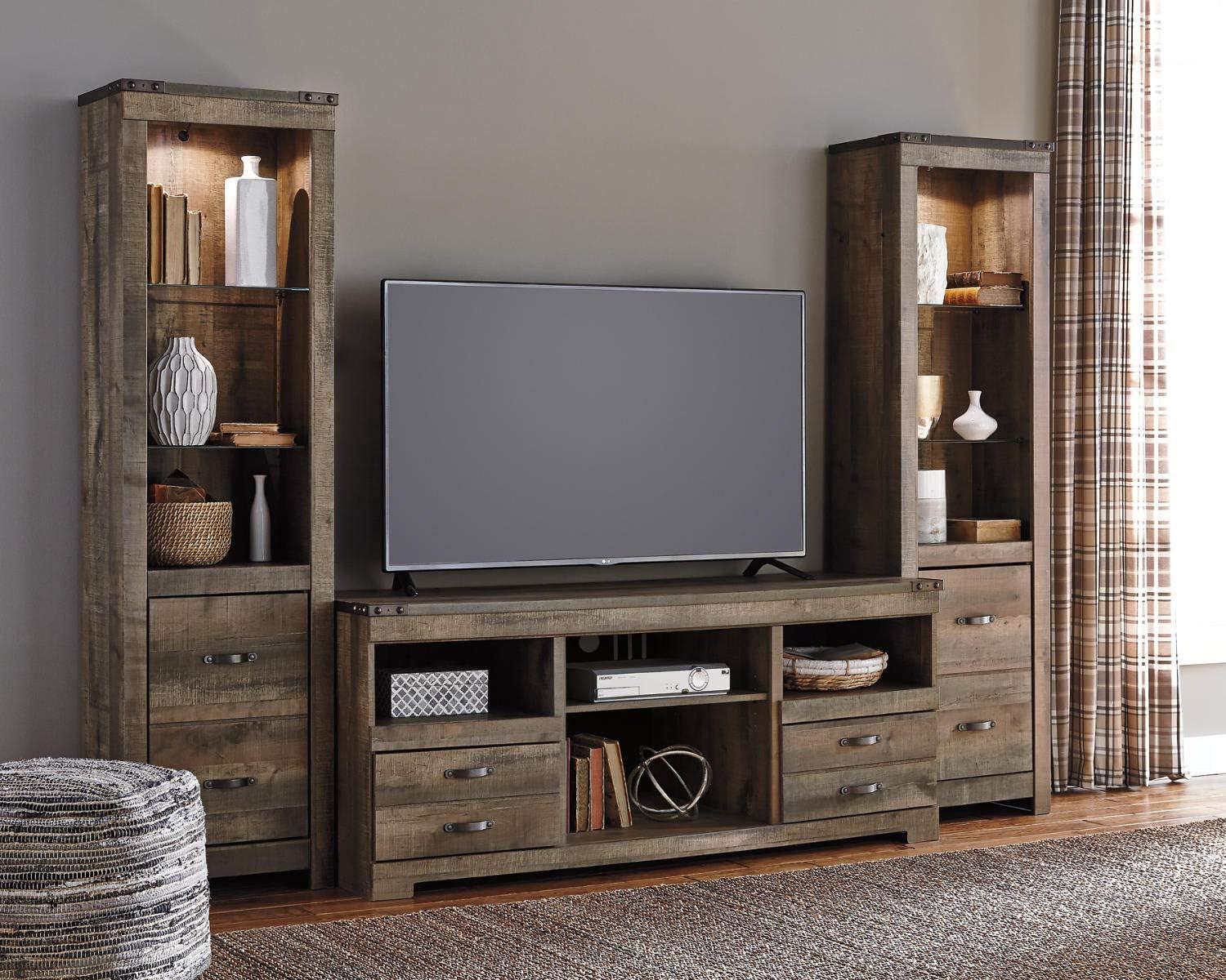 imageSignature Design by Ashley Trinell Rustic TV Stand with Fireplace Option Fits TVs up to 60quot 2 Drawers and 2 Storage Cubbies BrownBrown
