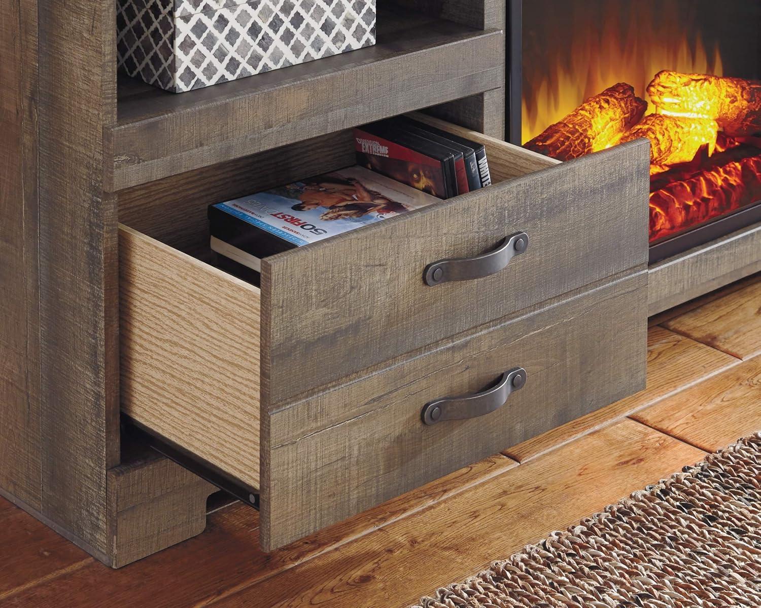 imageSignature Design by Ashley Trinell Rustic TV Stand with Fireplace Option Fits TVs up to 60quot 2 Drawers and 2 Storage Cubbies BrownBrown