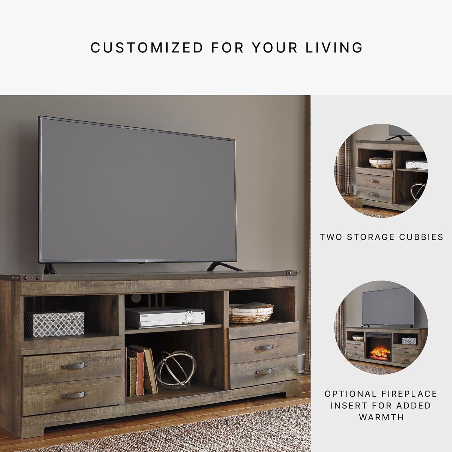 imageSignature Design by Ashley Trinell Rustic TV Stand with Fireplace Option Fits TVs up to 60quot 2 Drawers and 2 Storage Cubbies BrownBrown