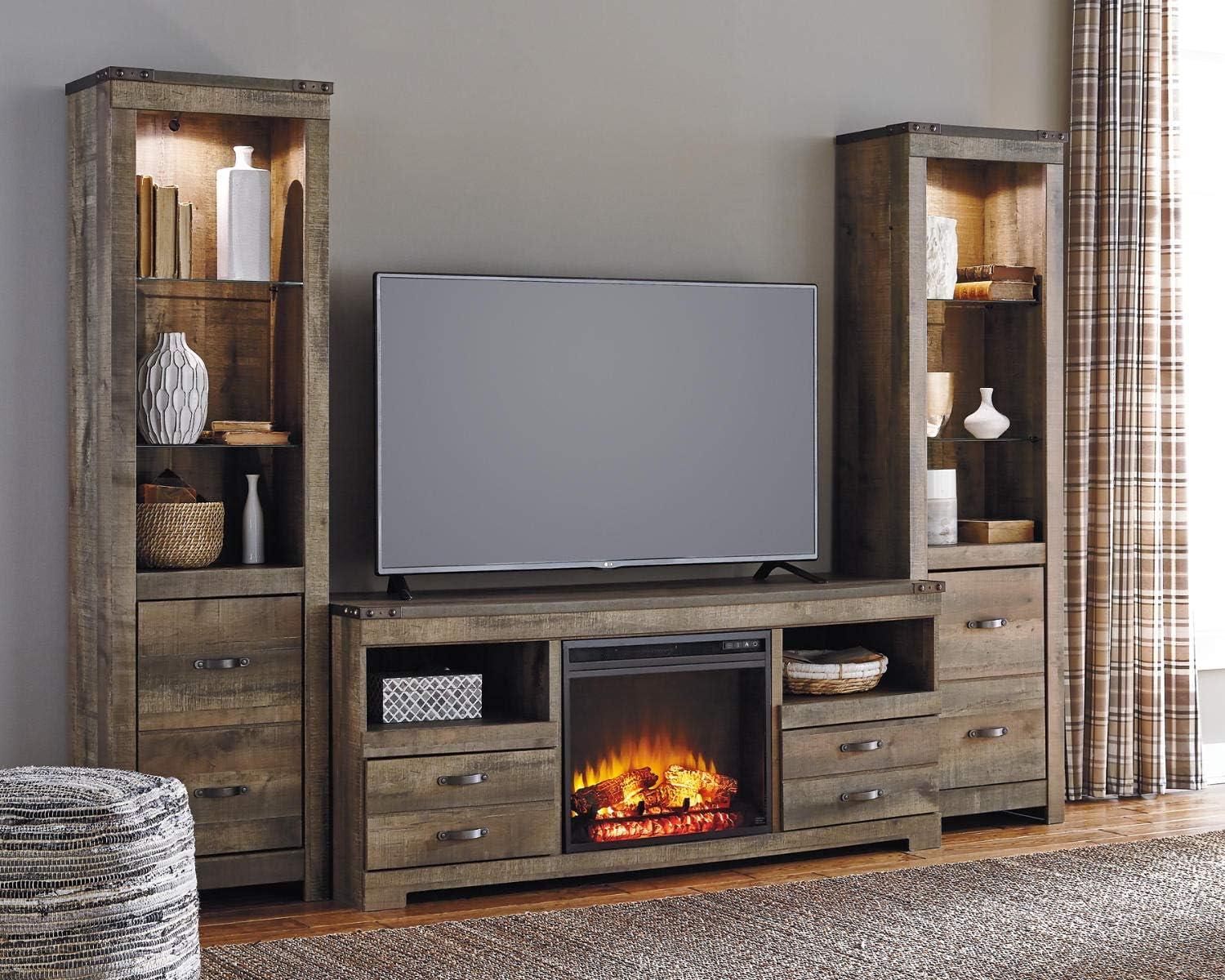 imageSignature Design by Ashley Trinell Rustic TV Stand with Fireplace Option Fits TVs up to 60quot 2 Drawers and 2 Storage Cubbies BrownBrown