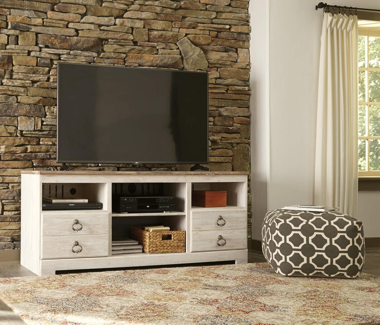 imageSignature Design by Ashley Trinell Rustic TV Stand with Fireplace Option Fits TVs up to 60quot 2 Drawers and 2 Storage Cubbies BrownWhite Wash