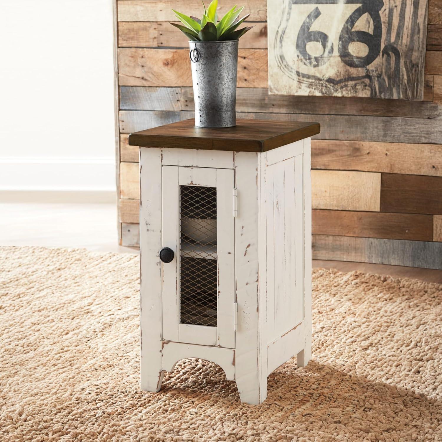 imageSignature Design by Ashley Valebeck Rustic Farmhouse Chair Side End Table with Cabinet Door Distressed BlackWhiteBrown