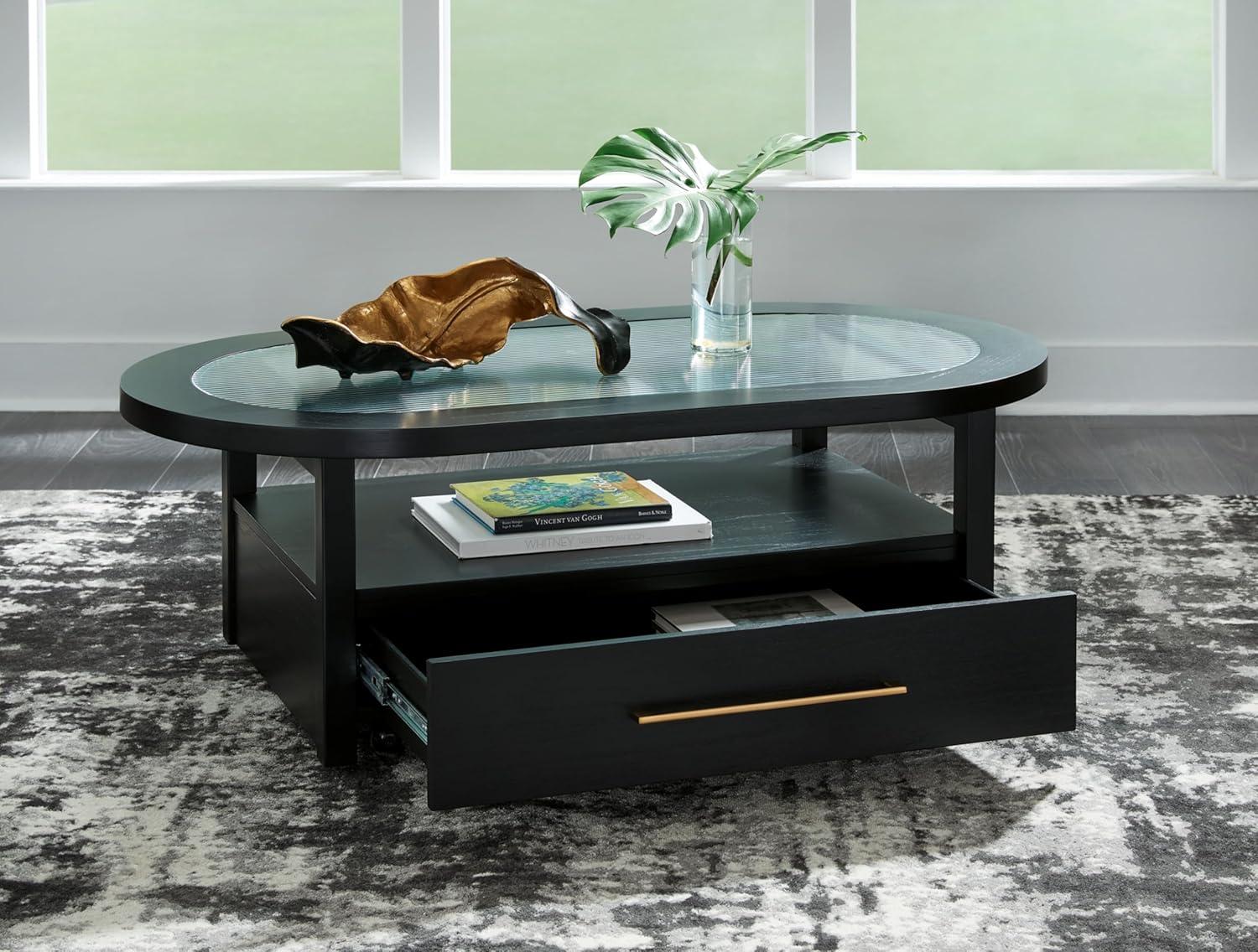 imageSignature Design by Ashley Winbardi Industrial GlassTabletop Coffee Table with Casters and Open Shelf Black