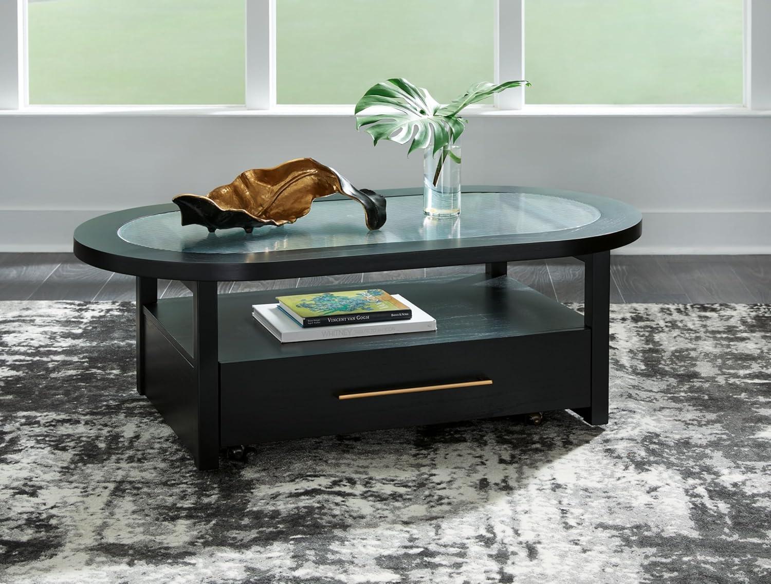 imageSignature Design by Ashley Winbardi Industrial GlassTabletop Coffee Table with Casters and Open Shelf Black