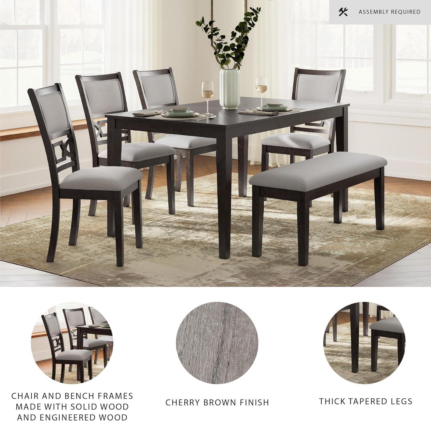 imageSignature Design by Ashley Wrenning Modern Diamond Patterned Dining Table with 4 Upholstered Chairs and Bench Set of 6 Gray ampamp Light GrayBrown