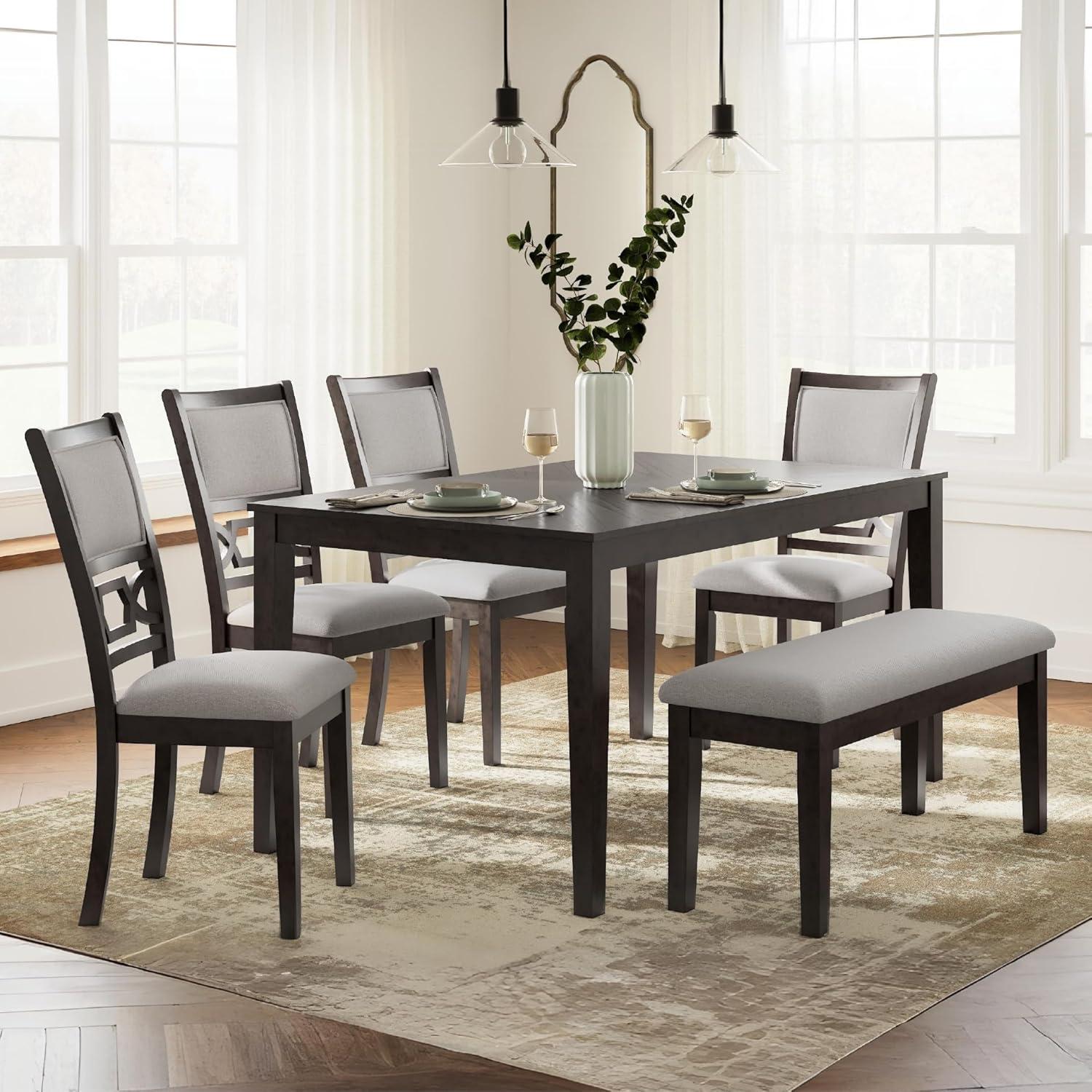 imageSignature Design by Ashley Wrenning Modern Diamond Patterned Dining Table with 4 Upholstered Chairs and Bench Set of 6 Gray ampamp Light GrayBrown