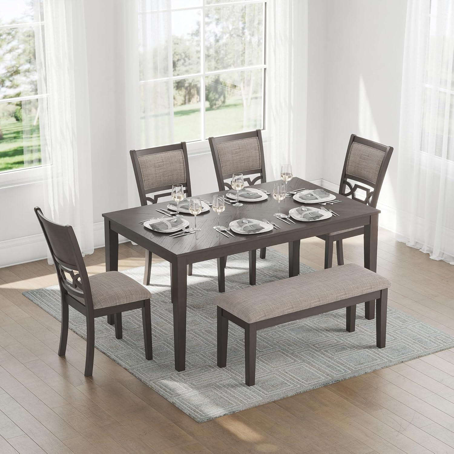 imageSignature Design by Ashley Wrenning Modern Diamond Patterned Dining Table with 4 Upholstered Chairs and Bench Set of 6 Gray ampamp Light GrayGrey