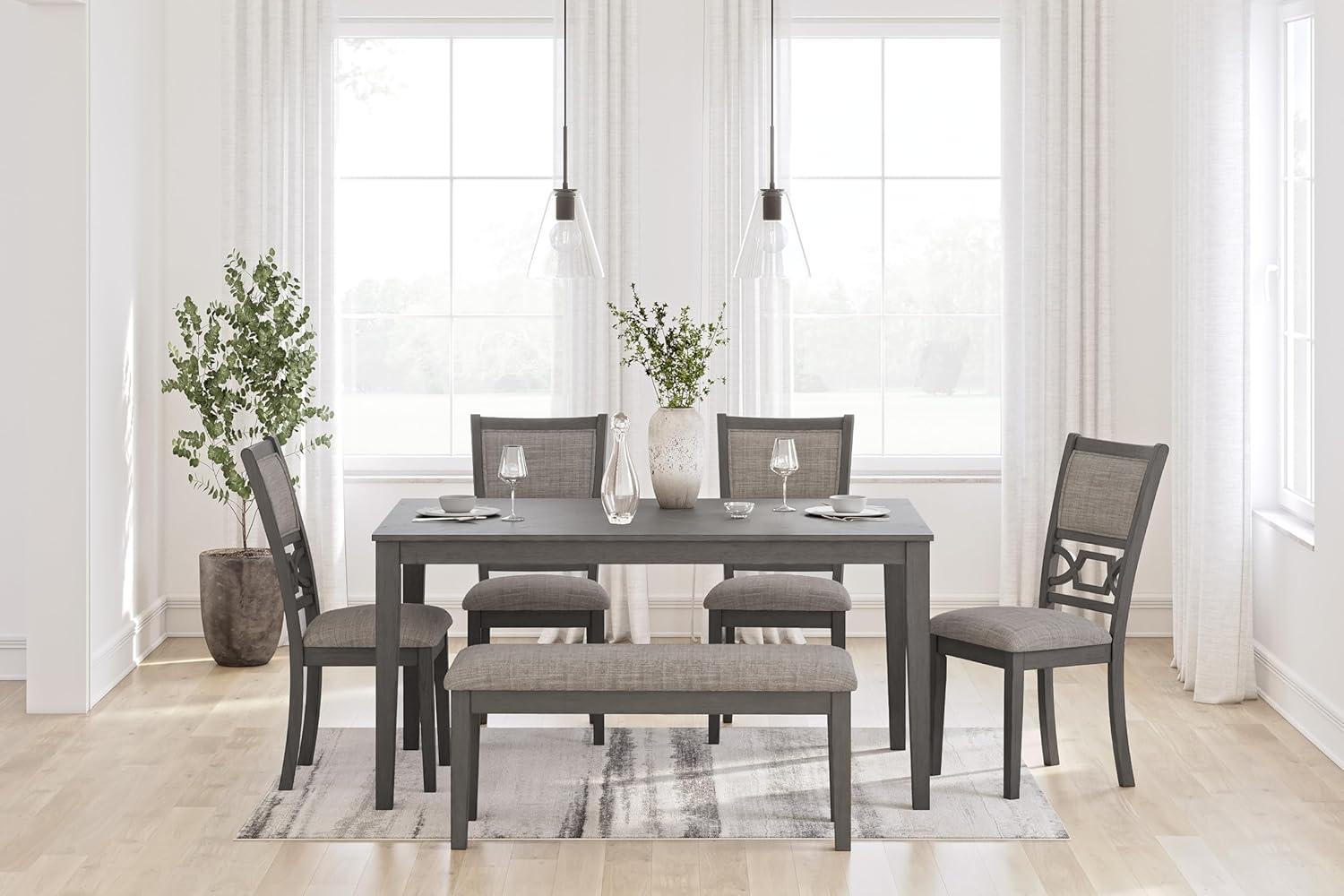 imageSignature Design by Ashley Wrenning Modern Diamond Patterned Dining Table with 4 Upholstered Chairs and Bench Set of 6 Gray ampamp Light GrayGrey