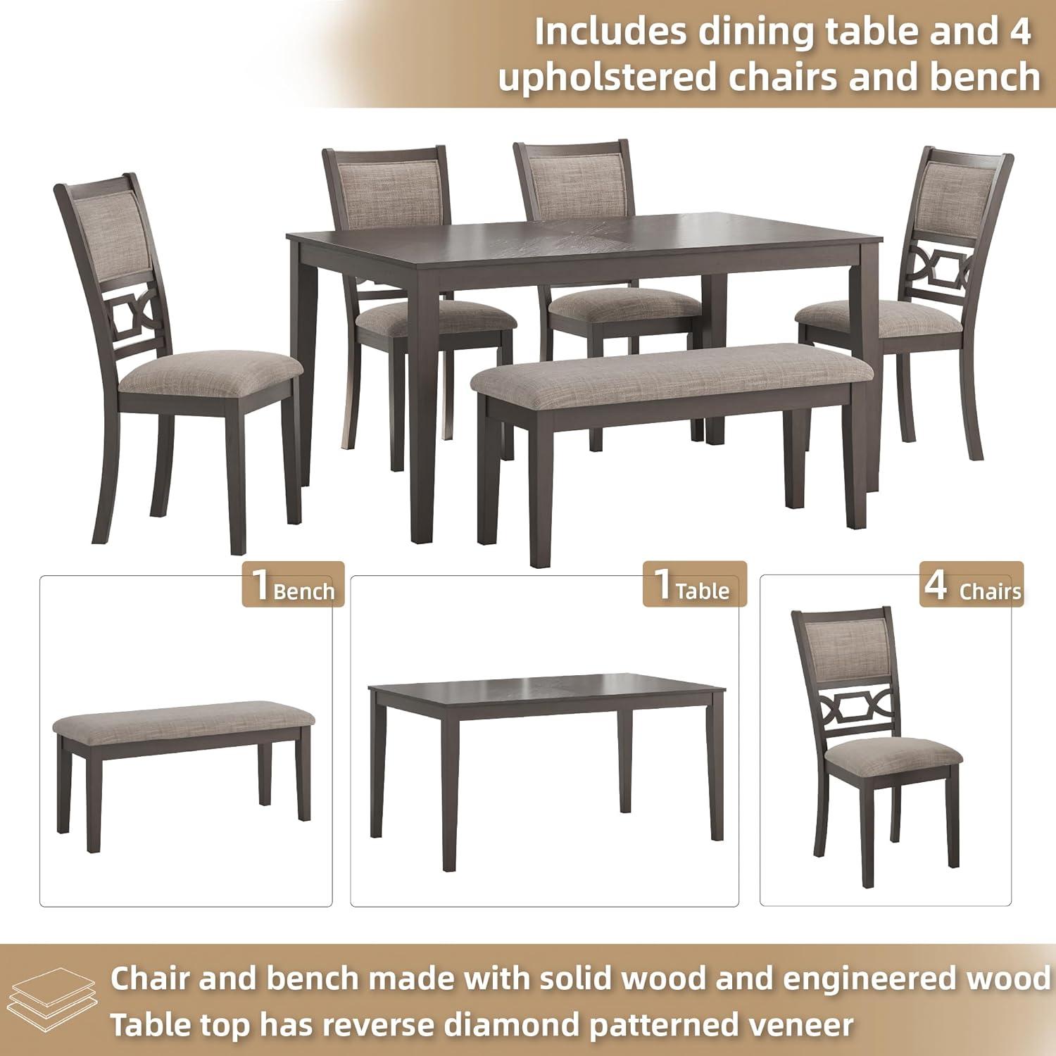 imageSignature Design by Ashley Wrenning Modern Diamond Patterned Dining Table with 4 Upholstered Chairs and Bench Set of 6 Gray ampamp Light GrayGrey