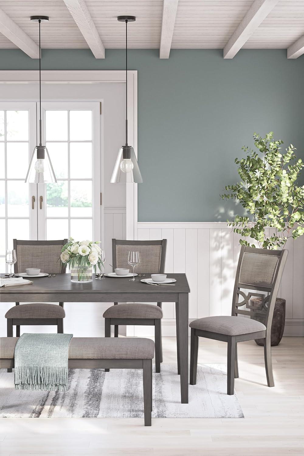 imageSignature Design by Ashley Wrenning Modern Diamond Patterned Dining Table with 4 Upholstered Chairs and Bench Set of 6 Gray ampamp Light GrayGrey