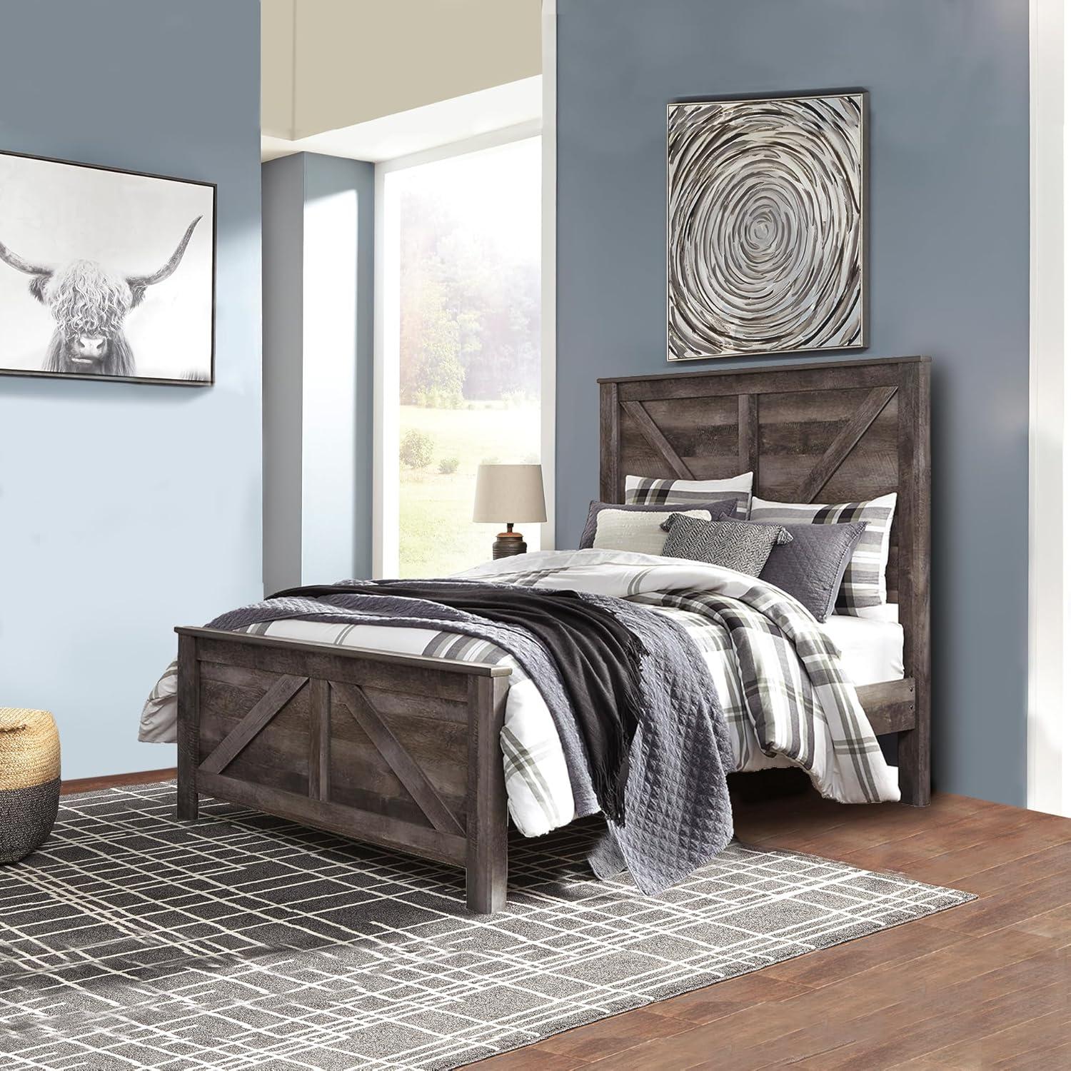 imageSignature Design by Ashley Wynnlow Rustic Queen Crossbuck Panel Bed with Metal Slats Foundation or Box Spring Needed Gray