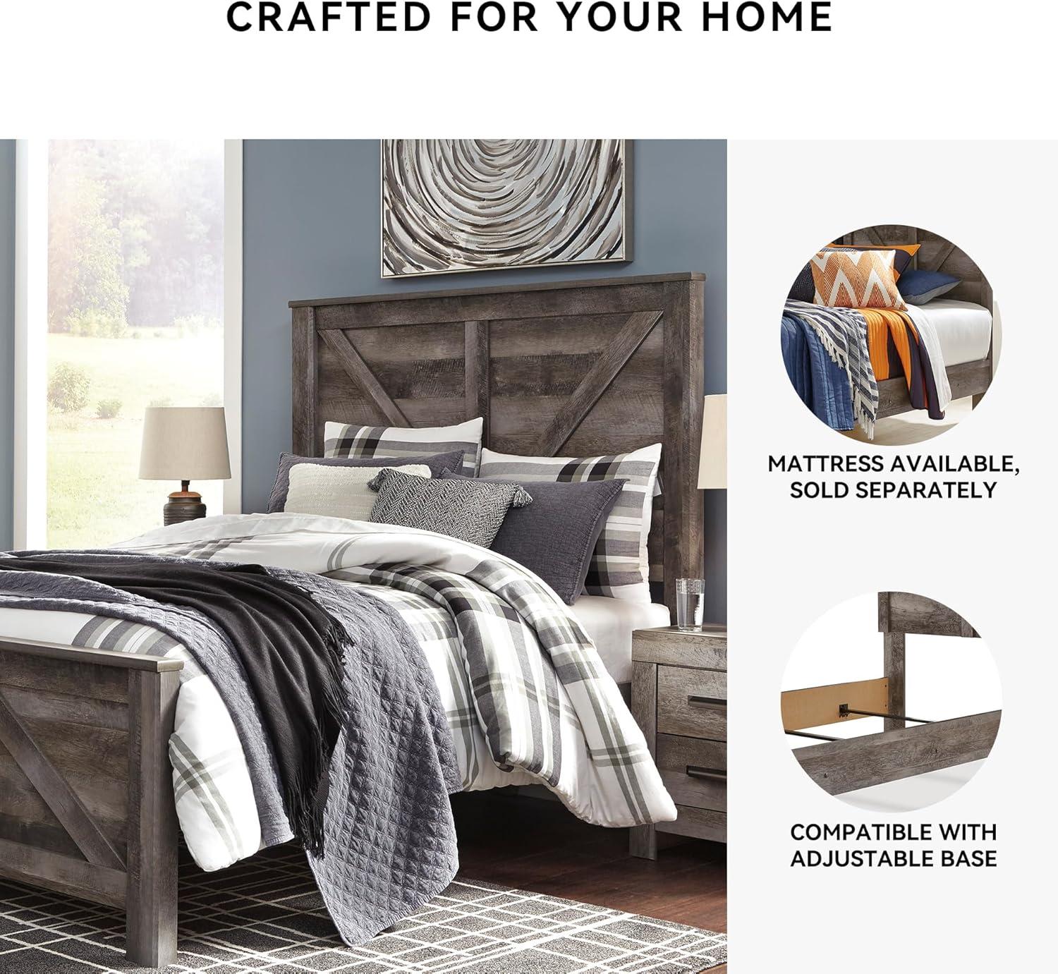 imageSignature Design by Ashley Wynnlow Rustic Queen Crossbuck Panel Bed with Metal Slats Foundation or Box Spring Needed Gray
