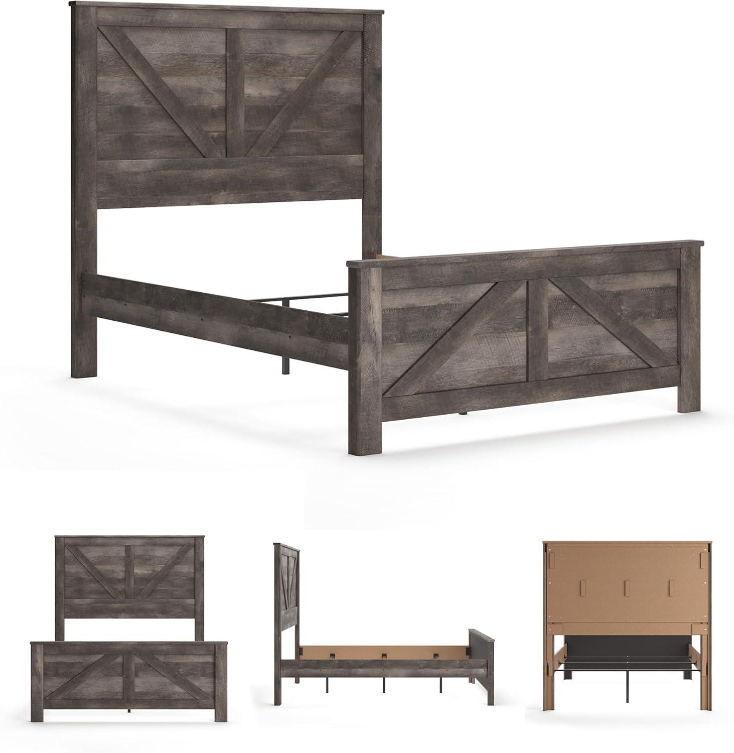 imageSignature Design by Ashley Wynnlow Rustic Queen Crossbuck Panel Bed with Metal Slats Foundation or Box Spring Needed Gray