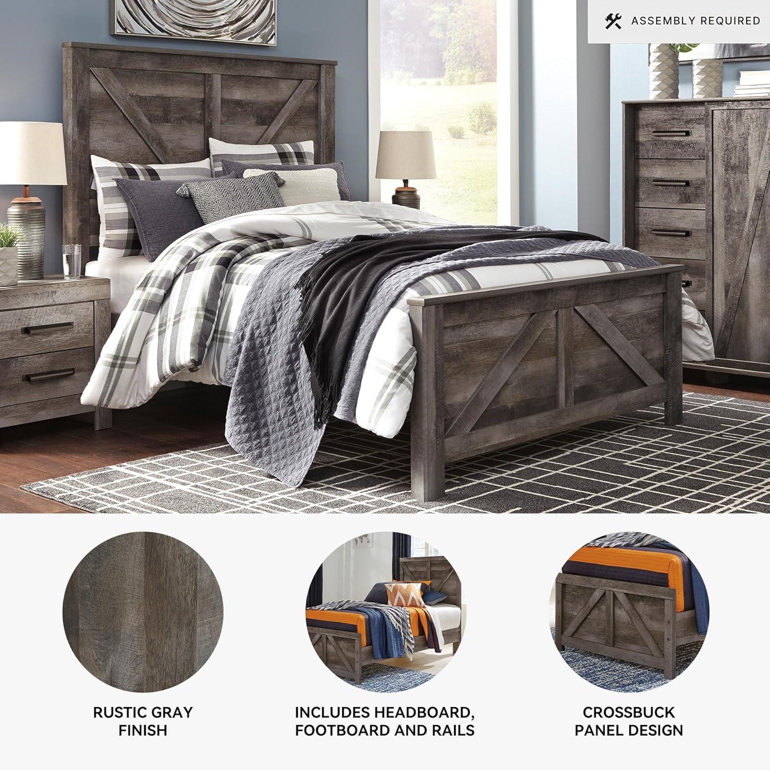 imageSignature Design by Ashley Wynnlow Rustic Queen Crossbuck Panel Bed with Metal Slats Foundation or Box Spring Needed Gray