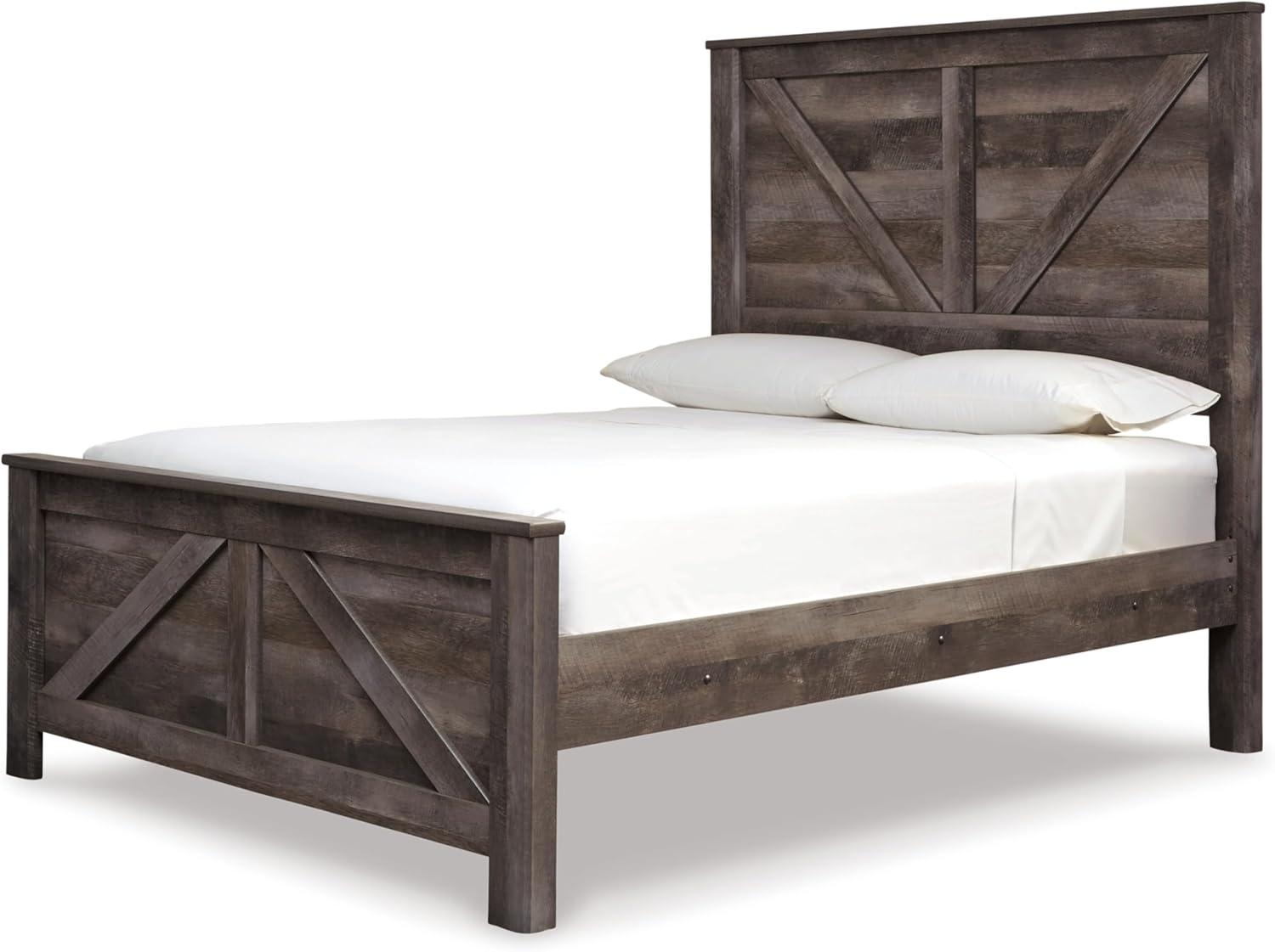 imageSignature Design by Ashley Wynnlow Rustic Queen Crossbuck Panel Bed with Metal Slats Foundation or Box Spring Needed Gray