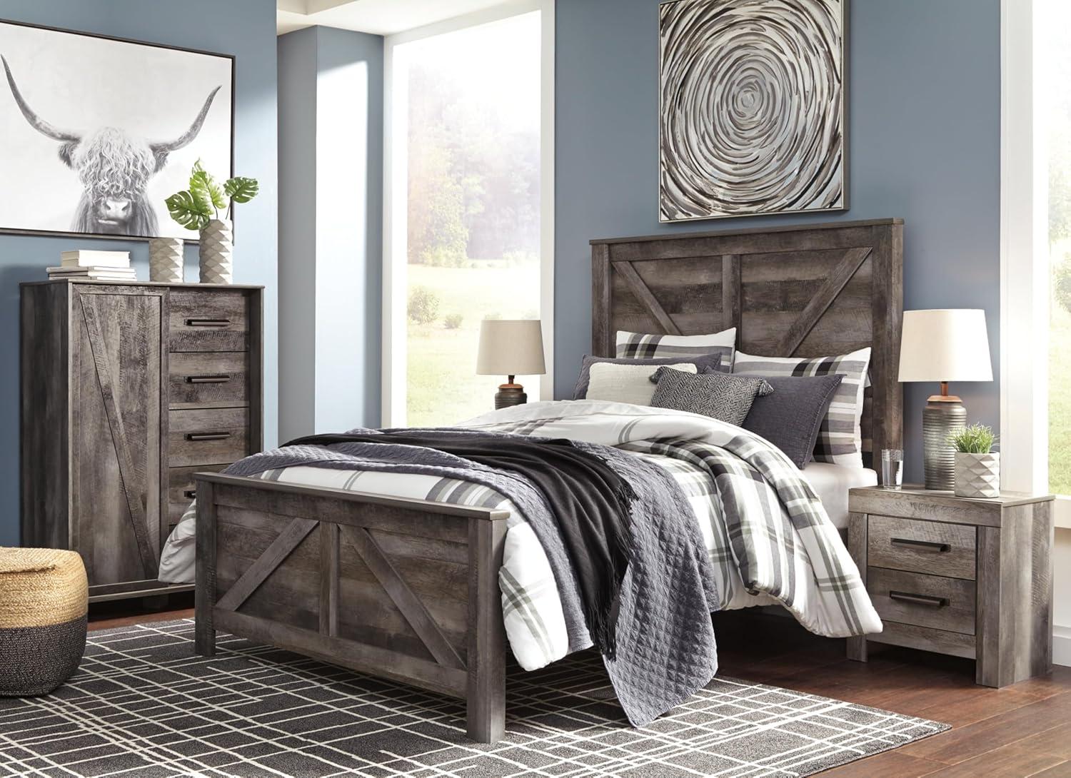 imageSignature Design by Ashley Wynnlow Rustic Queen Crossbuck Panel Bed with Metal Slats Foundation or Box Spring Needed Gray