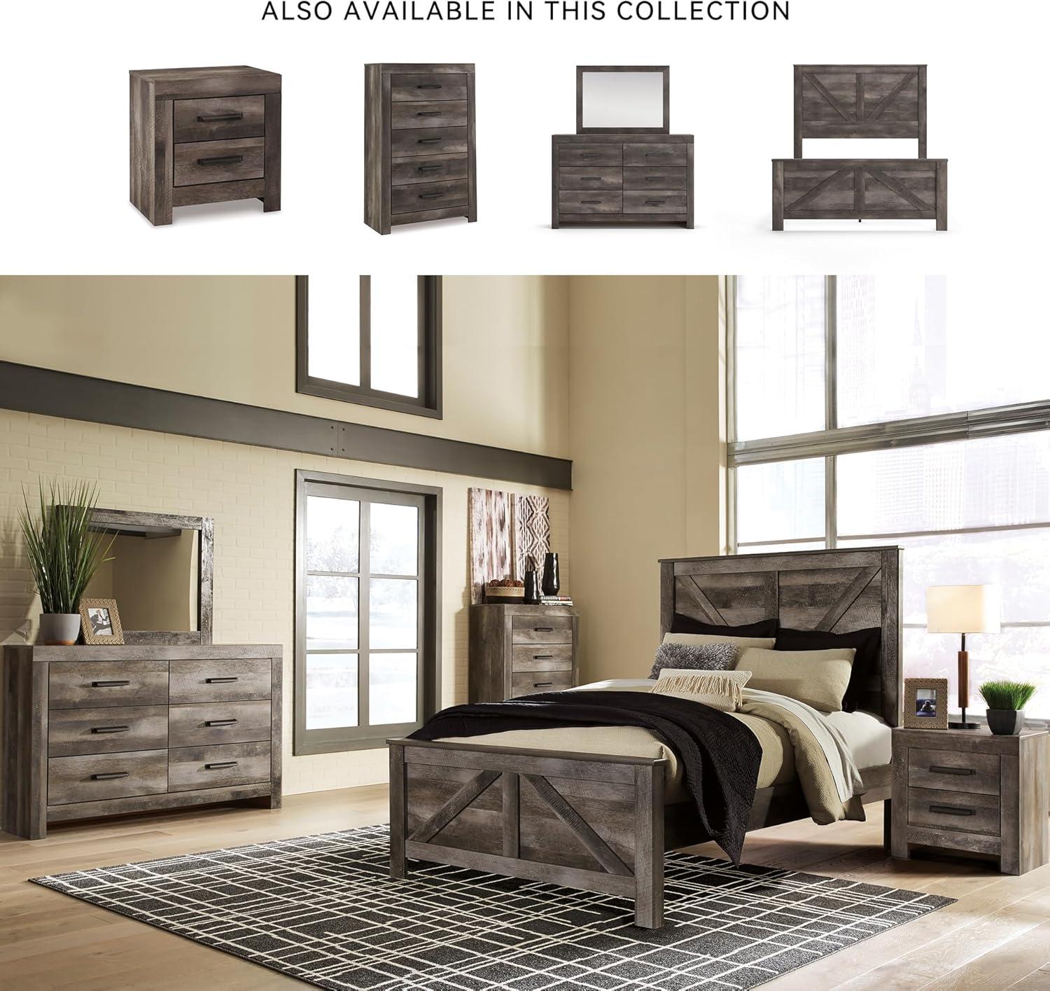 imageSignature Design by Ashley Wynnlow Rustic Queen Crossbuck Panel Bed with Metal Slats Foundation or Box Spring Needed Gray