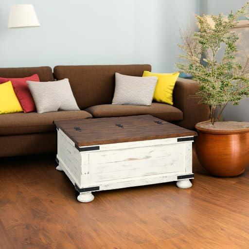 imageSignature Design by Ashley Wystfield Farmhouse Square Storage Coffee Table with Hinged Lift Top Distressed WhiteWhite