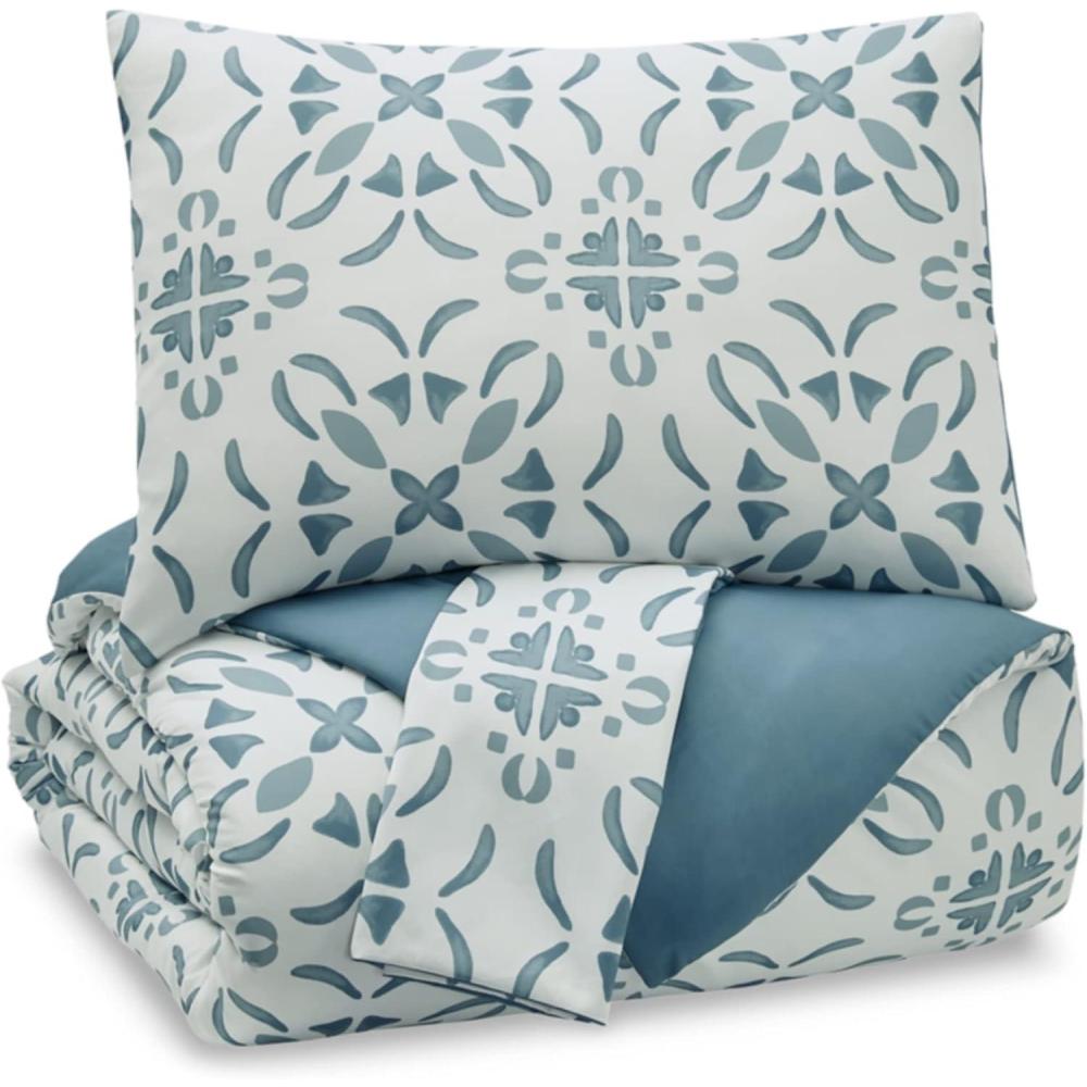 imageSignature Design by Ashley Adason Contemporary Floral King Polyester Microfiber Comforter Set White ampamp Blue