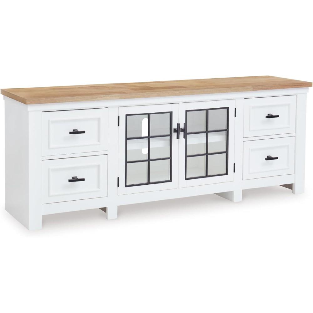 imageSignature Design by Ashley Ashbryn Casual 4Drawer 74quot TV Stand for TVs up to 84quot with Adjustable Shelves Cabinets Cord Openings White ampamp Light Brown