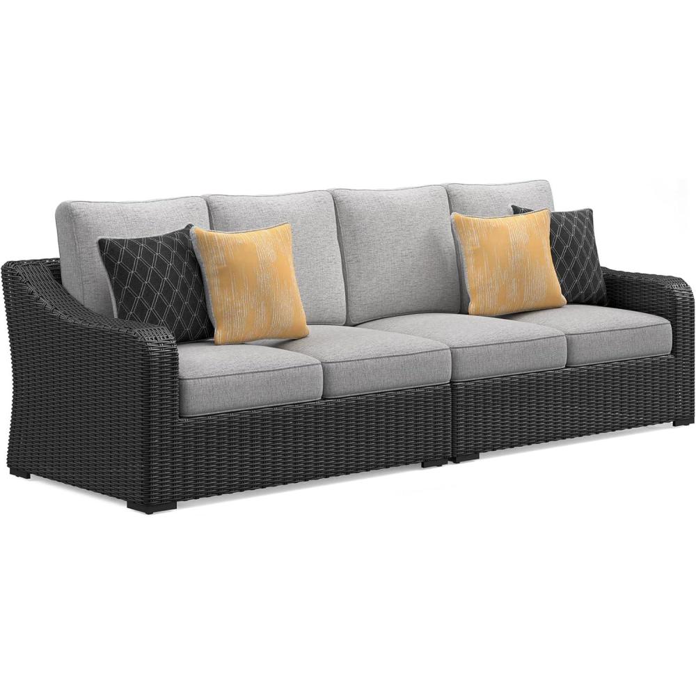 imageSignature Design by Ashley Beachcroft Casual Nuvella Weather Resistant Fabric 2Piece OutdoorIndoor Loveseat with Cushion and 4 Toss Pillows Black ampamp Light GrayBrown