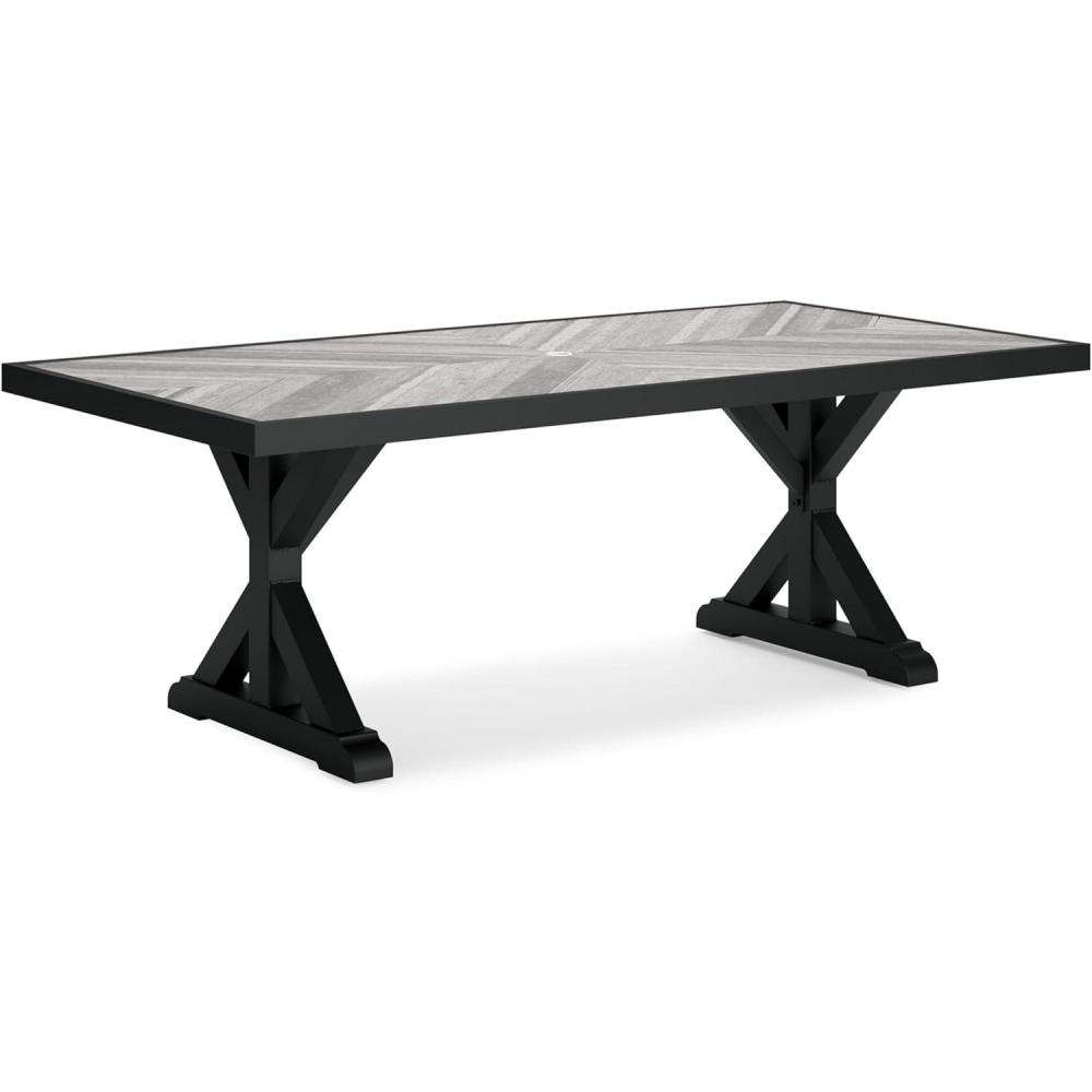 imageSignature Design by Ashley Beachcroft Farmhouse Weather and Rust Resistant Outdoor Dining Table with Porcelain Tabletop and Umbrella Hole Black ampamp Light GrayBlack