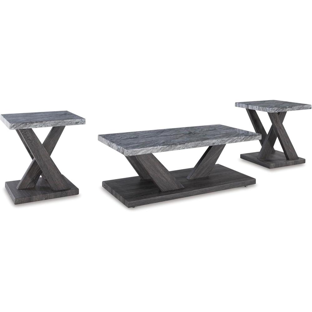 imageSignature Design by Ashley Bensonale Contemporary Occasional Table Set with Faux Marble Top and Casters Set of 3 Gray ampamp Dark Brown