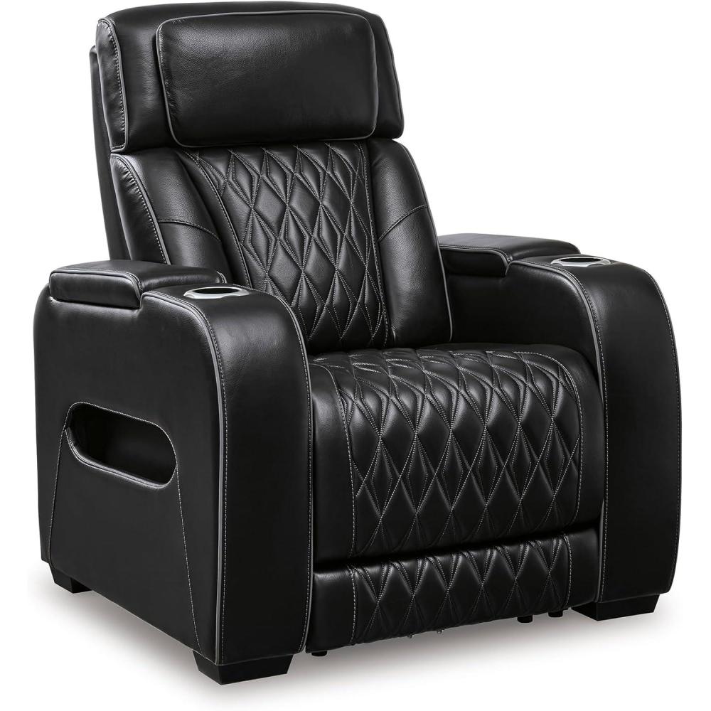 imageSignature Design by Ashley Boyington Contemporary Leather Match Power Recliner with Adjustable Headrest Cup Holders USB Port and Air Massage System Light GrayBlack