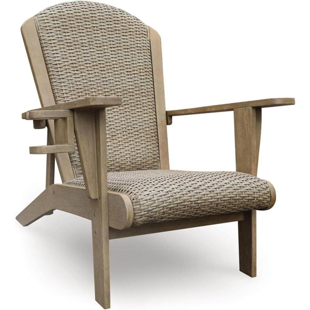 imageSignature Design by Ashley Bradstreet Bay Casual Outdoor Eucalyptus Wood Padded High Back Adirondack Chair with Handwoven Resin Wicker Beige