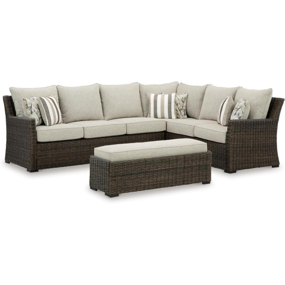 imageSignature Design by Ashley Brook Ranch Casual Nuvella Weather Resistant Fabric Right Hand Facing Outdoor Sofa SectionalBench with Cushion and 6 Throw Pillows Set of 3 Beige ampamp Dark Brown