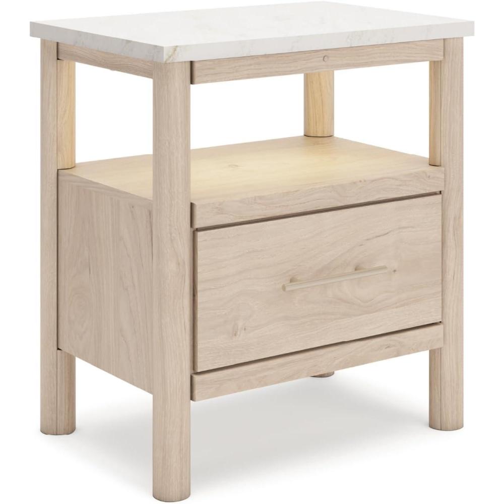 imageSignature Design by Ashley Cadmori Casual Faux Marble Tabletop 1 Drawer Nightstand with Open Shelf Ambient Lights Wireless Charging and USBC Ports 2657quot Tall Light Brown ampamp WhiteLight Brown  White