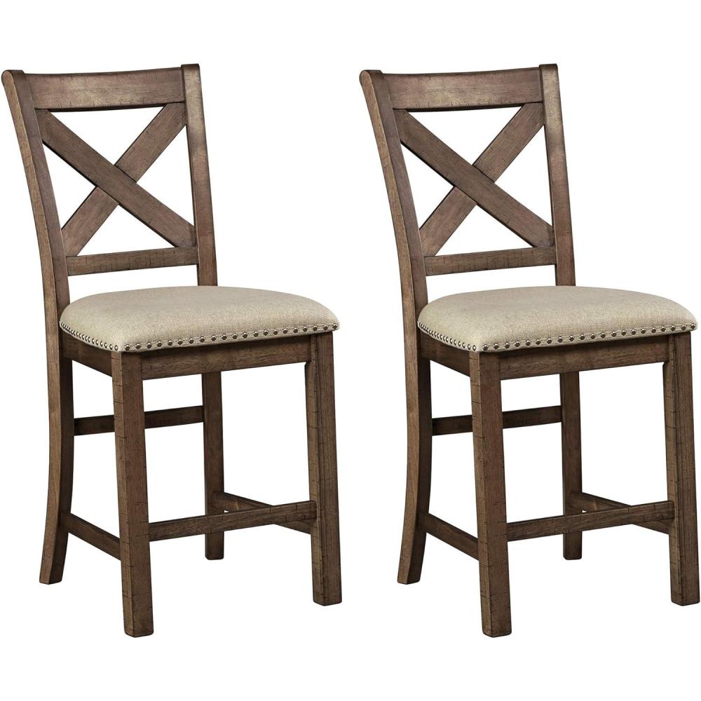 imageSignature Design by Ashley Caitbrook Rustic 2463quot Counter Height Upholstered Barstool Set of 2 GrayBrown