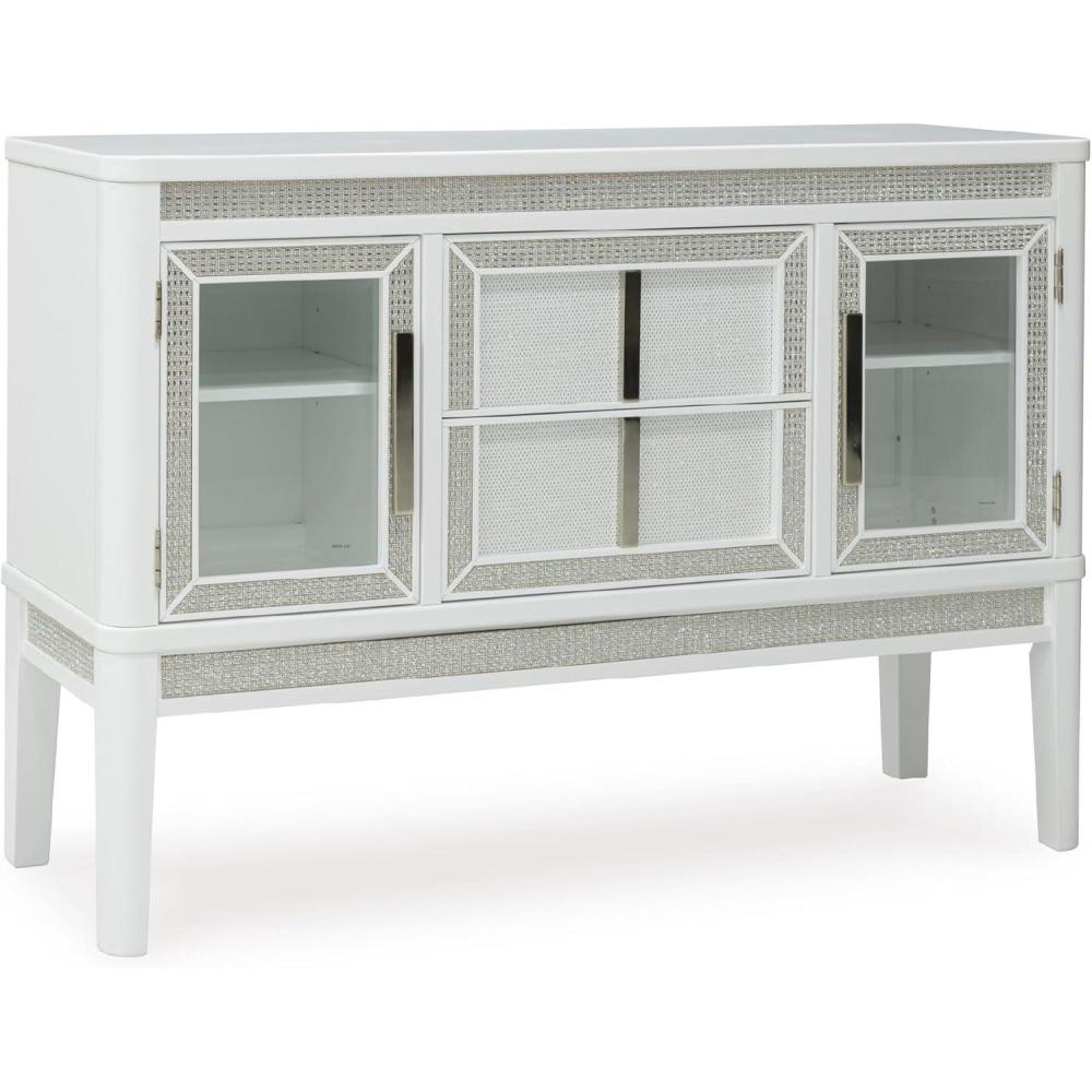 imageSignature Design by Ashley Chalanna Modern Lacquered 2Door Dining Server with Adjustable Shelves 2 FeltLined Drawers and LED Lighting White