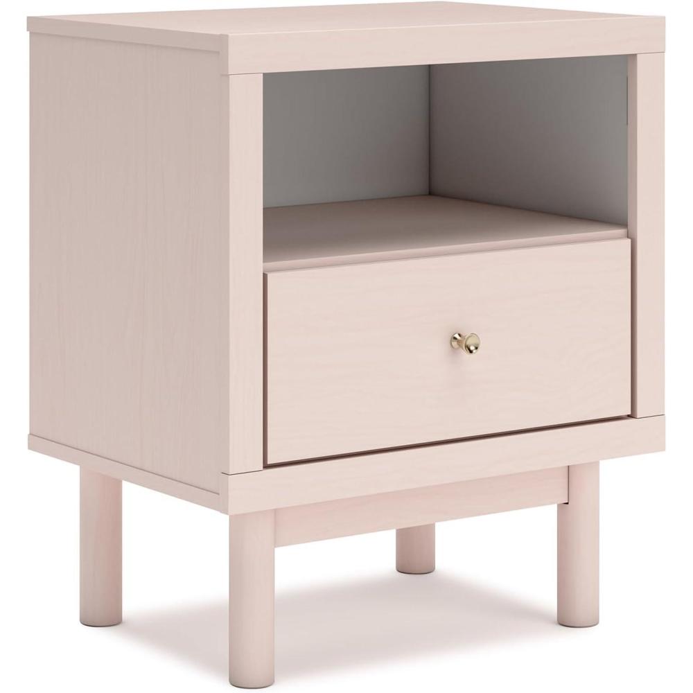 imageSignature Design by Ashley Cielden Farmhouse 1 Drawer Nightstand with Open Shelf LED Lights Wireless Charging and USB Ports 25quot Tall Light BrownPink