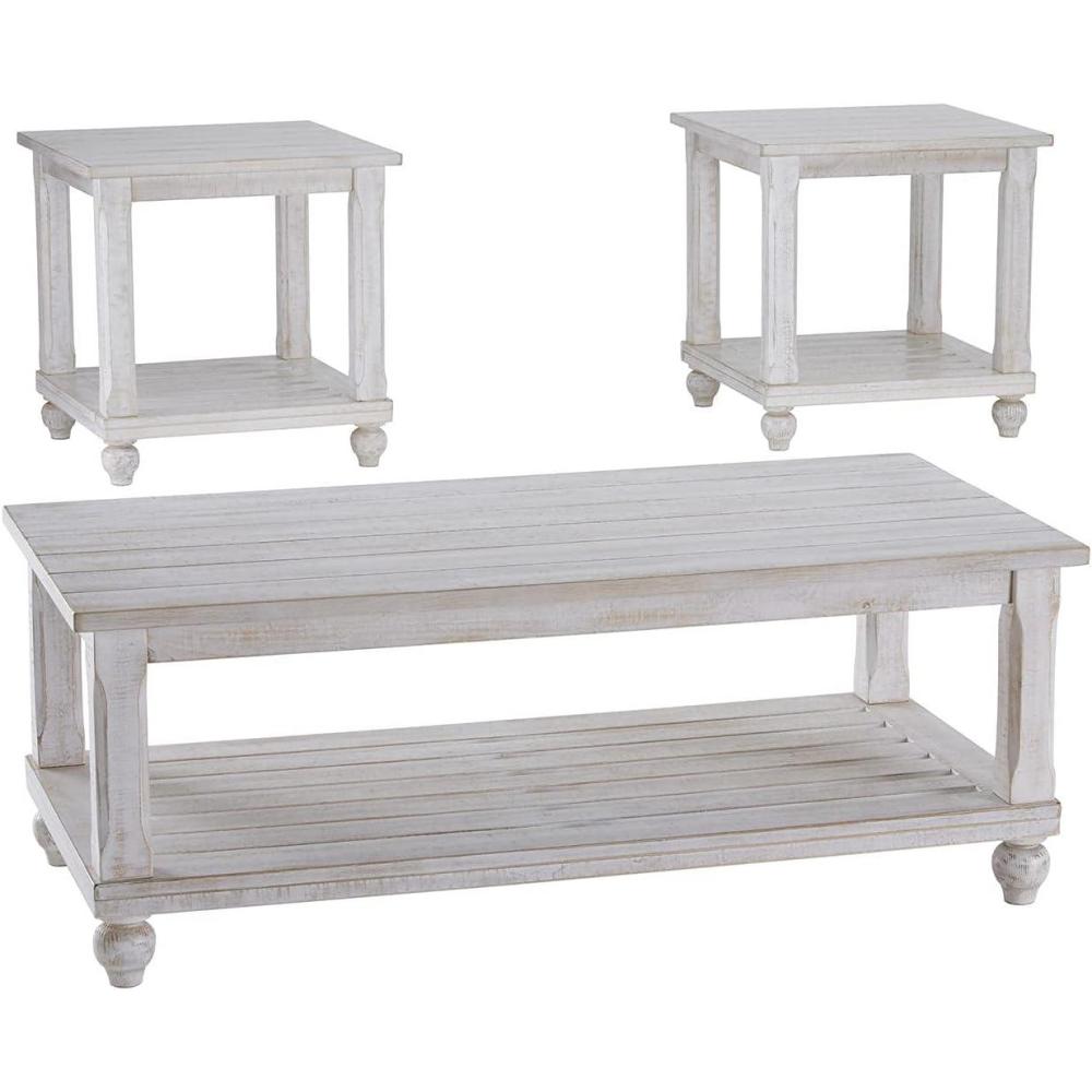 imageSignature Design by Ashley Cloudhurst Farmhouse 3Piece Table Set Includes 1 Coffee Table and 2 End Tables with Lower Storage Shelf White with Rustic Finish