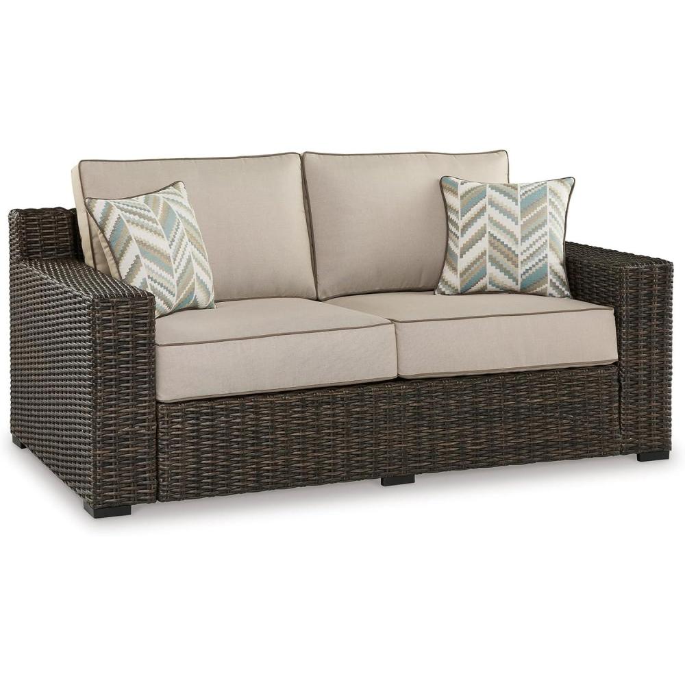 imageSignature Design by Ashley Coastline Bay Casual Weather Resistant Outdoor Loveseat with Cushion and 2 Throw Pillows Nuvella Weather Resistant Fabric Beige ampamp Dark BrownOutdoor Loveseat with Cushion