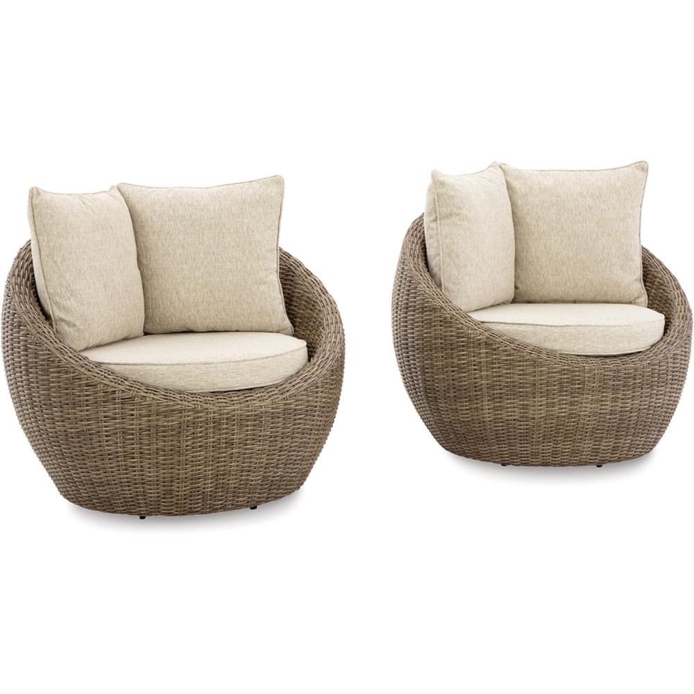 imageSignature Design by Ashley DANSON Swivel Lounge with Cushion 2 Count Nuvella Weather Resistant Fabric Light Brown