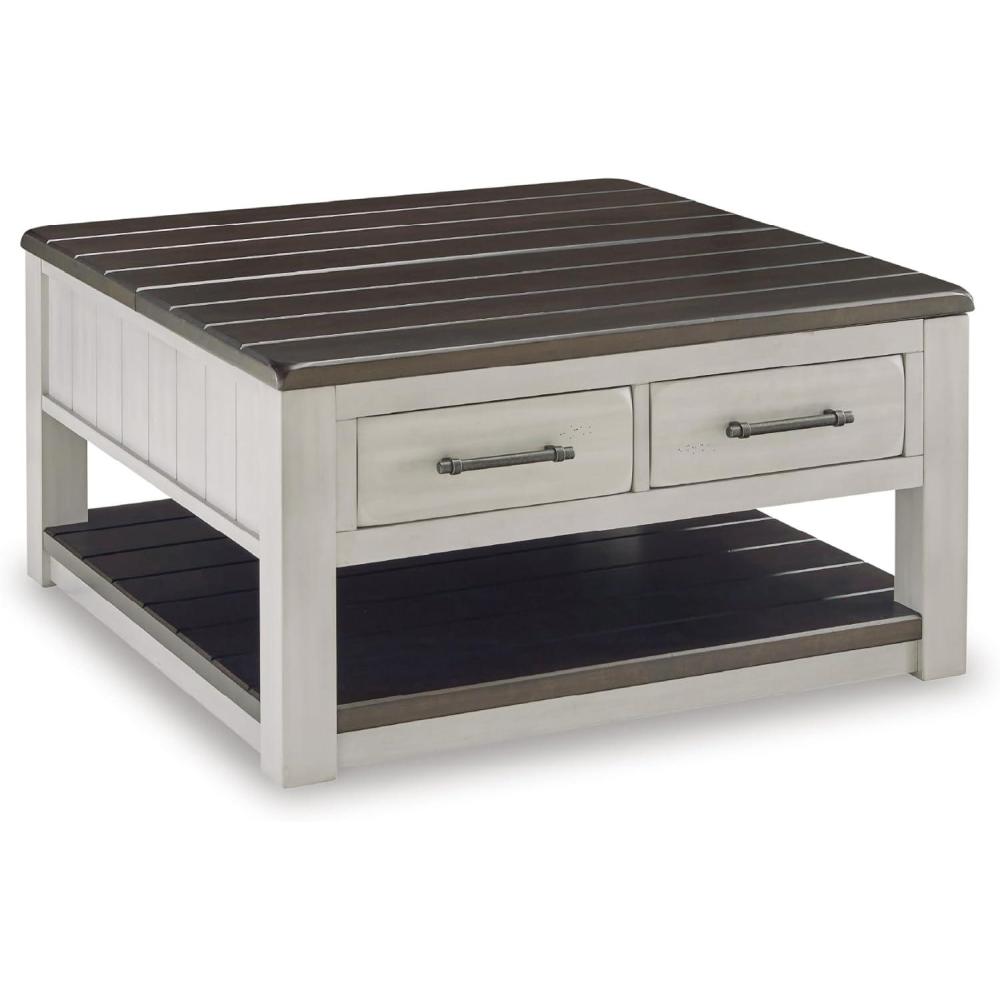 imageSignature Design by Ashley Darborn Farmhouse LiftTop Coffee Table with Drawers Lower Shelf and Casters Light Gray ampamp Dark Brown