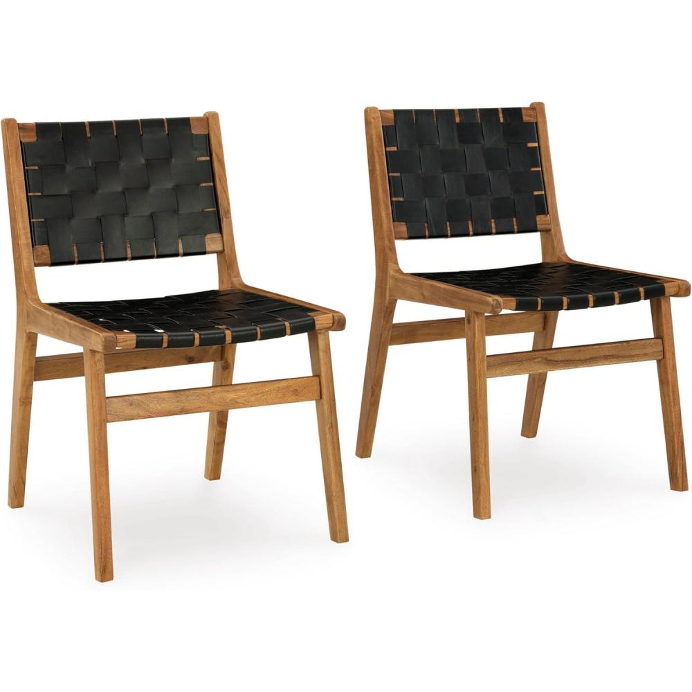 imageSignature Design by Ashley Fortmaine Modern Upholstered Armless Dining Chair with Open Back and Woven Leather Straps Set of 2 Light Brown ampamp Black