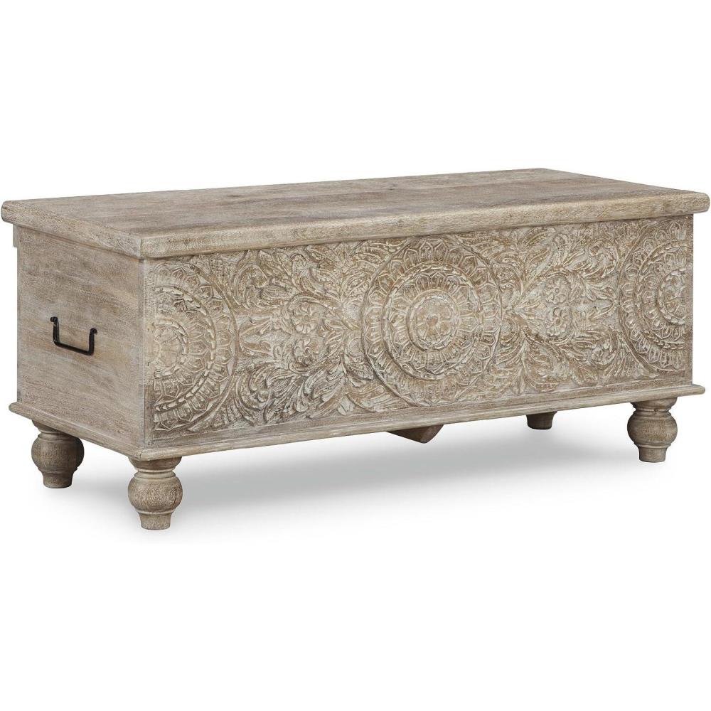 imageSignature Design by Ashley Fossile Ridge Boho Carved Wood Storage Bench with Hinge Top BeigeFossil Ridge Storage Bench