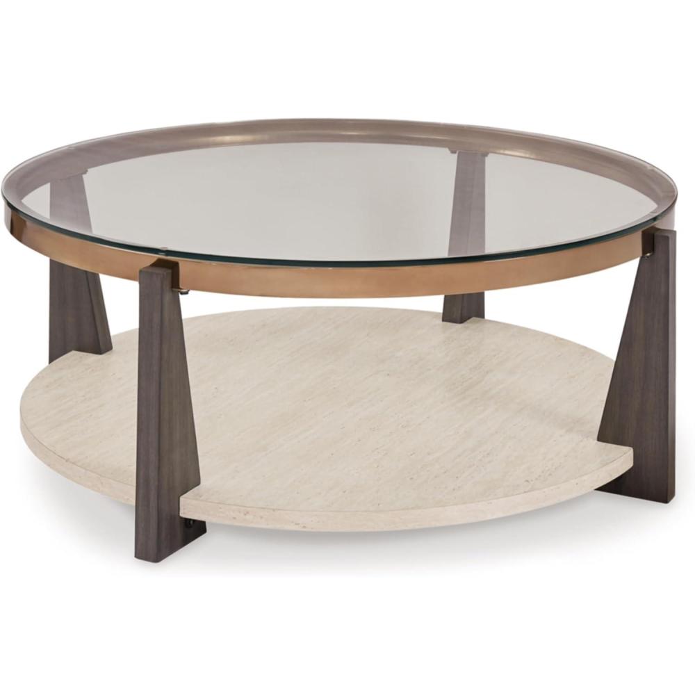imageSignature Design by Ashley Frazwa Round Glasstop Coffee Table GrayBrownGold