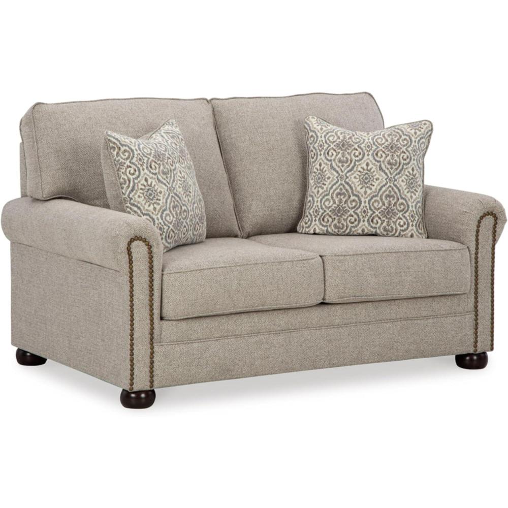 imageSignature Design by Ashley Gaelon Transitional 2in1 Sofa Sleeper with Folding Gel Memory Foam Mattress Nailheads and 2 Accent Pillows Queen BeigeLoveseat