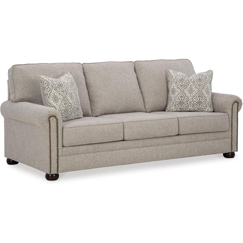 imageSignature Design by Ashley Gaelon Transitional 2in1 Sofa Sleeper with Folding Gel Memory Foam Mattress Nailheads and 2 Accent Pillows Queen BeigeSofa