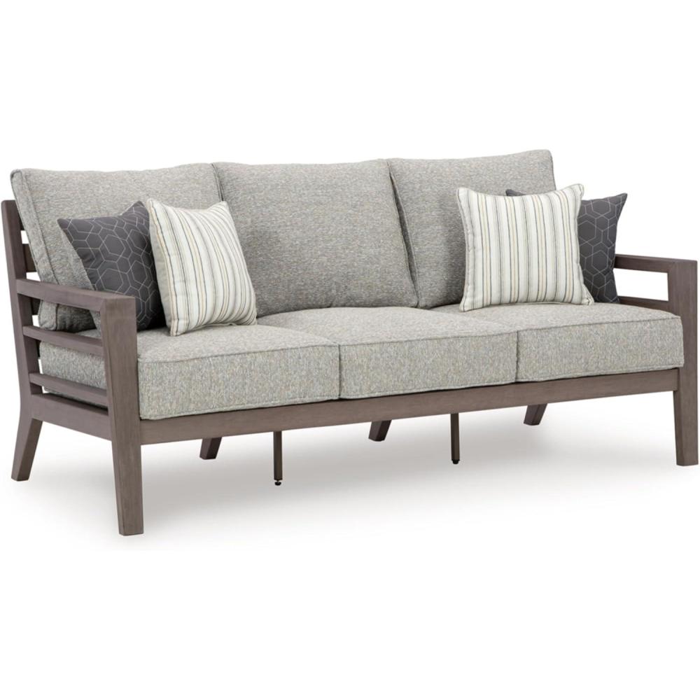 imageSignature Design by Ashley Hallow Creek Cottage Nuvella Weather Resistant Fabric Outdoor Sofa with Cushion and 4 Throw Pillows Light Brown ampamp BeigeLight Gray
