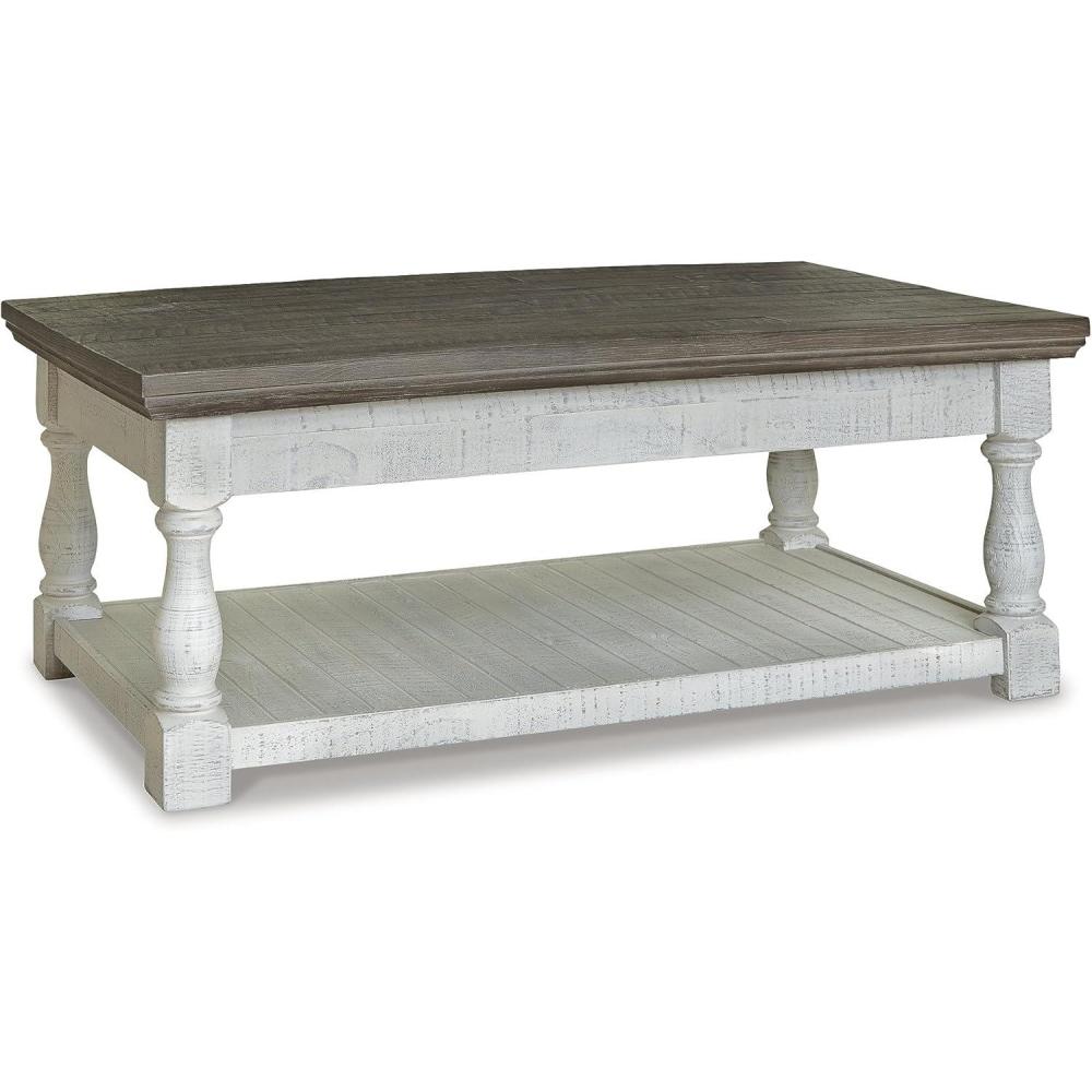 imageSignature Design by Ashley Havalance Farmhouse Lift Top Coffee Table with Fixed Shelf and 2 Hidden Storage Trays Gray ampamp White with Weathered FinishOpen