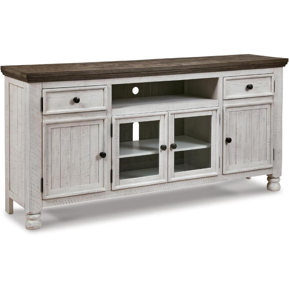 imageSignature Design by Ashley Havalance Farmhouse TV Stand Fits TVs up to 72quot 4 Cabinets and Shelves For Storage Vintage White ampamp Weathered Gray