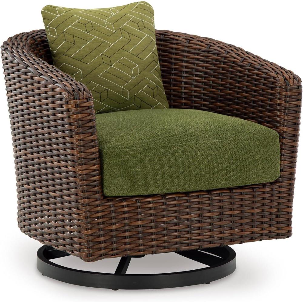 imageSignature Design by Ashley Horizon Hall Casual Nuvella Weather Resistant Fabric Outdoor Swivel Lounge Chair with Cushion and 1 Throw Pillow Green ampamp Dark Brown