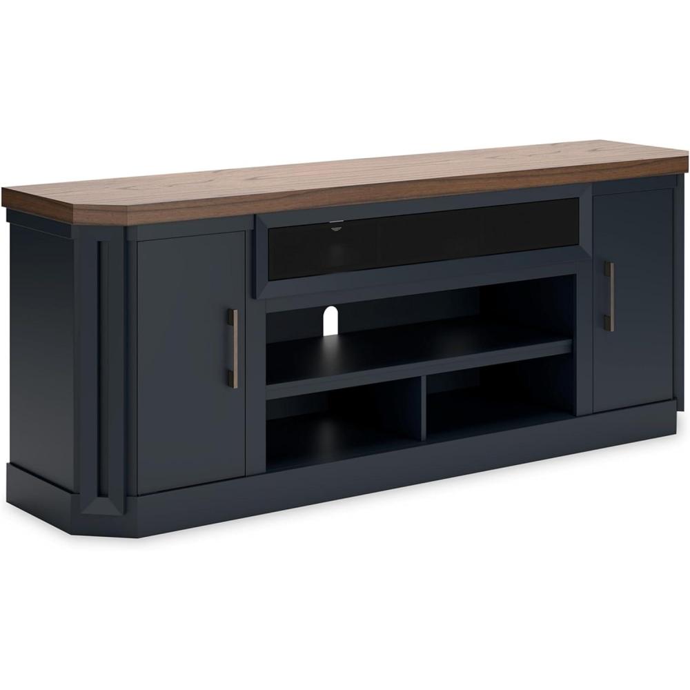 imageSignature Design by Ashley Landocken Contemporary 83quot TV Stand for TVs up to 95quot with Fireplace Option 2 Cabinets 2 Doors 2 Adjustable Shelves Open Cubbies and Cord Openings Dark Brown ampamp Blue